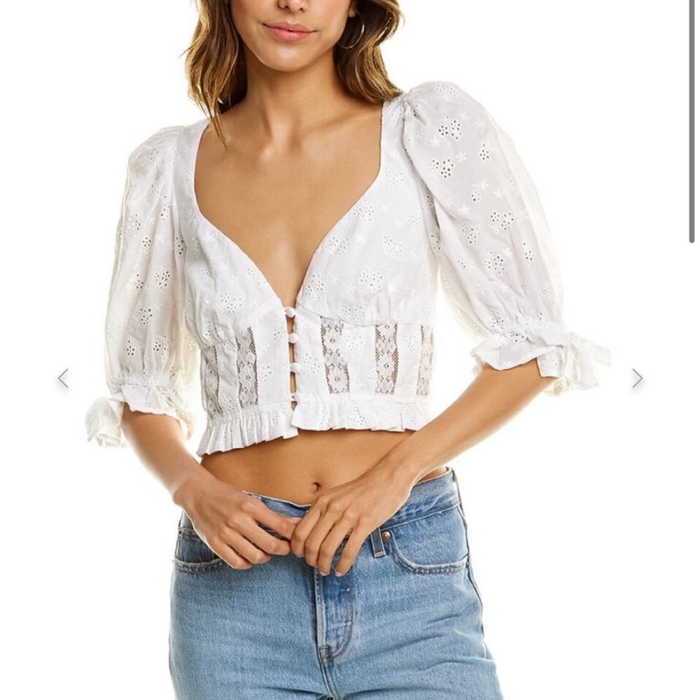 For Love and Lemons “Jean” Eyelet Crop Top